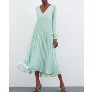 ZARA  Mint Green Sheer Pleated Dress Small NWT